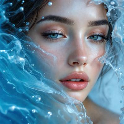 The primary subject of the image is a woman with blue eyes, who is looking at the camera. She is surrounded by a blue water background, which adds a sense of depth and tranquility to the scene. The visual style of the image is a combination of photo and digital art, creating a unique and artistic representation of the woman. The colors and mood of the image are predominantly blue, which contributes to the overall atmosphere of calmness and serenity.